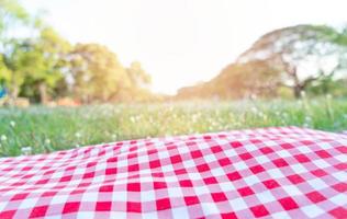 Red checkered tablecloth texture with on green grass at the garden photo