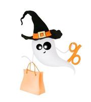Cute ghost in the witch hat with paper bag and percent. Isolated photo