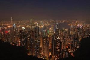Evening aerial view panorama of Hong Kong skyline and Victoria Harbor. Travel destinations. photo
