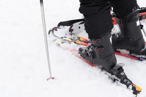 Close up of leg on ski board and pole. photo