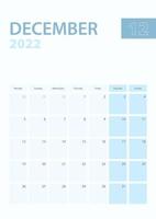 Vertical calendar page of December 2022, Week starts from Monday. vector