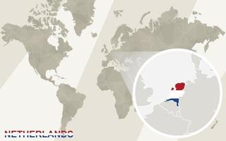 Zoom en el mapa y la bandera de Holanda. mapa del mundo. vector