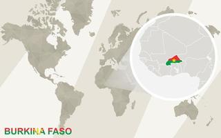 zoom en el mapa y la bandera de burkina faso. mapa del mundo. vector