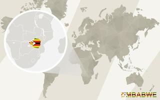 Zoom en el mapa y la bandera de Zimbabue. mapa del mundo. vector