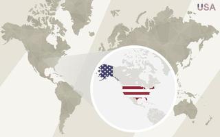 Zoom on USA Map and Flag. World Map. vector