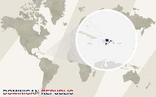 zoom en el mapa y la bandera de la república dominicana. mapa del mundo. vector