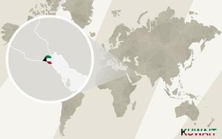 zoom en el mapa y la bandera de kuwait. mapa del mundo. vector