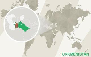 zoom en el mapa y la bandera de turkmenistán. mapa del mundo. vector