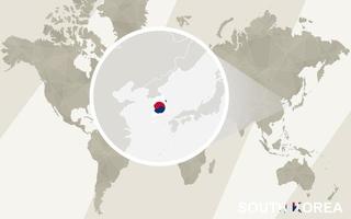 zoom en el mapa y la bandera de corea del sur. mapa del mundo. vector