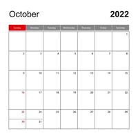 plantilla de calendario de pared para octubre de 2022. planificador de vacaciones y eventos, la semana comienza el domingo. vector