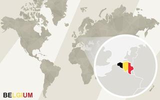 Zoom en el mapa y la bandera de Bélgica. mapa del mundo. vector