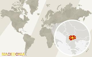 zoom en el mapa y la bandera de macedonia. mapa del mundo. vector