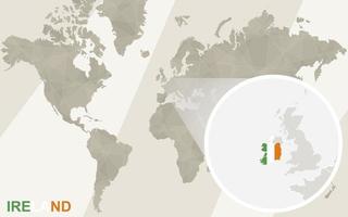 Zoom en el mapa y la bandera de Irlanda. mapa del mundo. vector