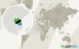 zoom en el mapa y la bandera de tanzania. mapa del mundo. vector