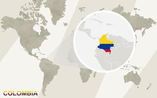 zoom en el mapa y la bandera de colombia. mapa del mundo. vector