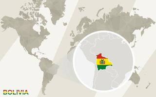 zoom en el mapa y la bandera de bolivia. mapa del mundo.