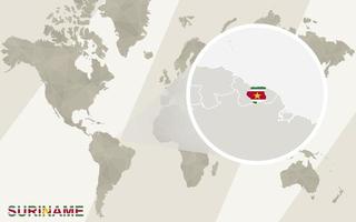 zoom en el mapa y la bandera de surinam. mapa del mundo. vector