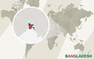 zoom en el mapa y la bandera de bangladesh. mapa del mundo. vector