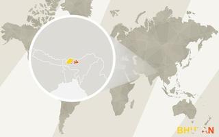 Zoom en el mapa y la bandera de Bután. mapa del mundo. vector