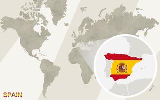 Zoom en el mapa y la bandera de España. mapa del mundo. vector