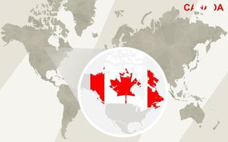 Zoom en el mapa y la bandera de Canadá. mapa del mundo.