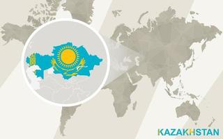 zoom en el mapa y la bandera de kazajstán. mapa del mundo. vector
