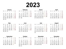 Calendar layout for 2023 year, week starts from Monday. vector