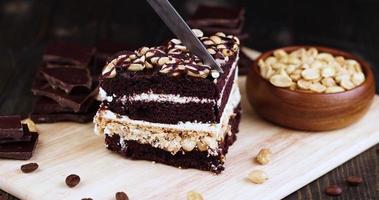 divide chocolate cake with nut filling and peanuts with a fork photo