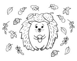 Hand-drawn cheerful hedgehog and falling autumn leaves. Autumn illustration, sketch, vector