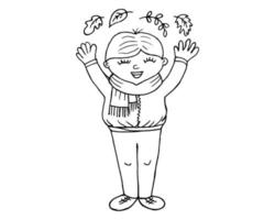 Hand drawn cheerful boy and autumn leaves. Sketch for coloring, autumn illustration, vector