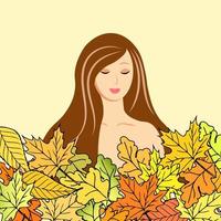 hermosa chica de pelo largo en hojas de otoño. ilustración de otoño, impresión, vector