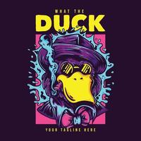 t shirt design what the duck with duck wearing hat and sunglasses vintage illustration
