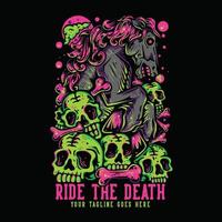el diseño de la camiseta monta la muerte con un caballo musculoso en los cráneos con una ilustración vintage de fondo negro vector