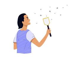 Young angry woman with fly swatter brushes off mosquitoes. Unhappy girl with bites on her body kills insects. Color flat illustration isolated on white background vector