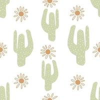 Cute Cactus and Sun Seamless Pattern Background. Hand drawn desert cacti repeat texture. Summer kids print vector