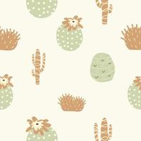 lindo cactus y suculento fondo de patrón sin costuras. textura de repetición de cactus del desierto dibujada a mano. estampado infantil de verano en colores pastel vector