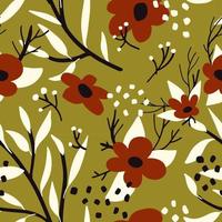 Seamless vector cute floral pattern. Colorful botanical background with abstract red flowers, berries, branches, polka dots. Scandinavian art print