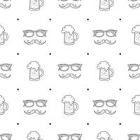 Father's Day Doodle Seamless Pattern. Hipster Repeating Texture with Mustashe, Beer and Eyeglasses. Black and White Vector Endless Pattern Background