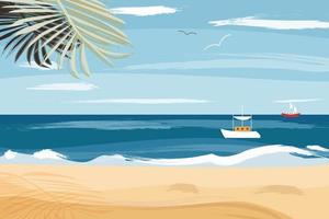 Summer seascape with tropical beach, sail boats, ships floating in sea. Passenger sailboats, speedboats, yachts in ocean. Color flat vector illustration of beautiful nature with cloudy sky horizon