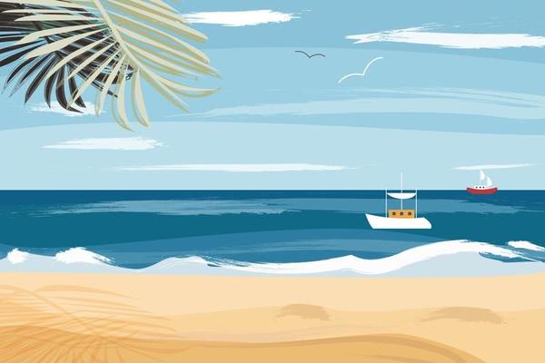 Summer seascape with tropical beach, sail boats, ships floating in sea. Passenger sailboats, speedboats, yachts in ocean. Color flat vector illustration of beautiful nature with cloudy sky horizon