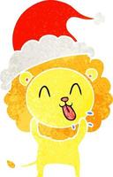 happy retro cartoon of a lion wearing santa hat vector