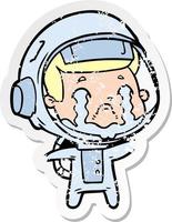 pegatina angustiada de un astronauta llorando de dibujos animados vector