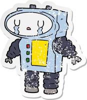 distressed sticker of a cartoon robot crying vector