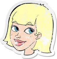 retro distressed sticker of a cartoon happy female face vector