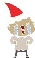 flat color illustration of a crying bald man wearing santa hat vector