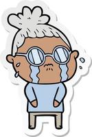 sticker of a cartoon crying woman wearing spectacles vector