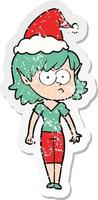 distressed sticker cartoon of a elf girl staring wearing santa hat vector