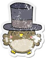 distressed sticker of a cartoon owl wearing top hat vector