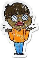 distressed sticker of a cartoon confused boy wearing spectacles vector