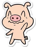 sticker of a nervous cartoon pig waving vector